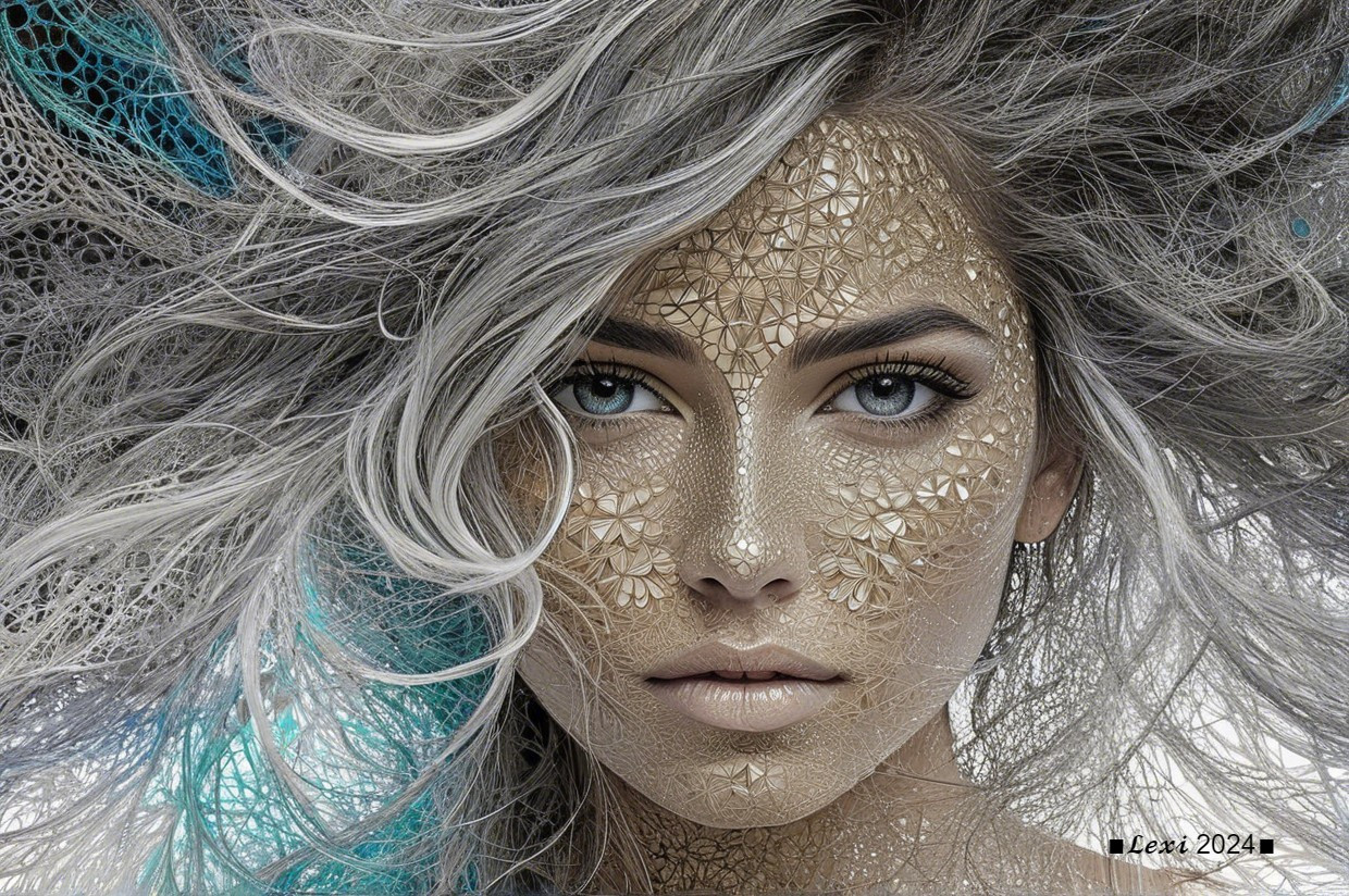 Close-up of a woman's face with artistic patterns