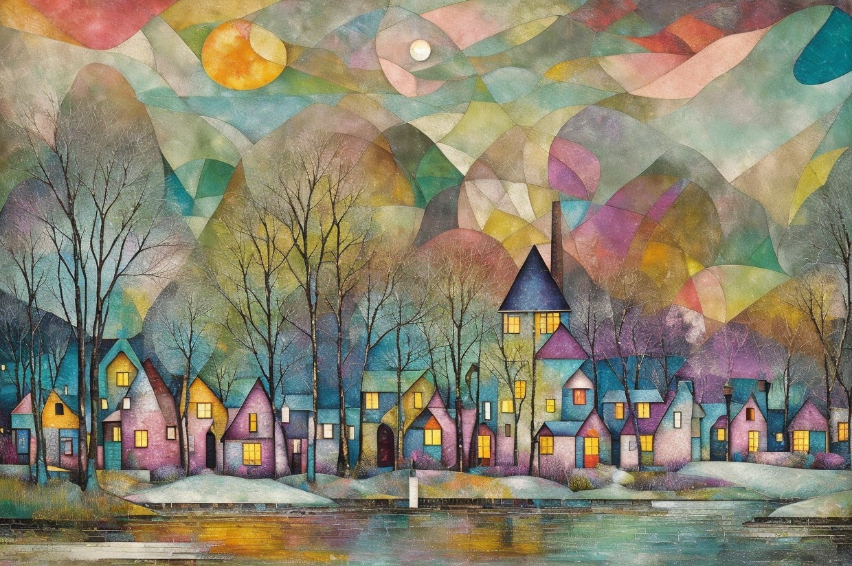 Whimsical Landscape with Colorful Houses and Waterway