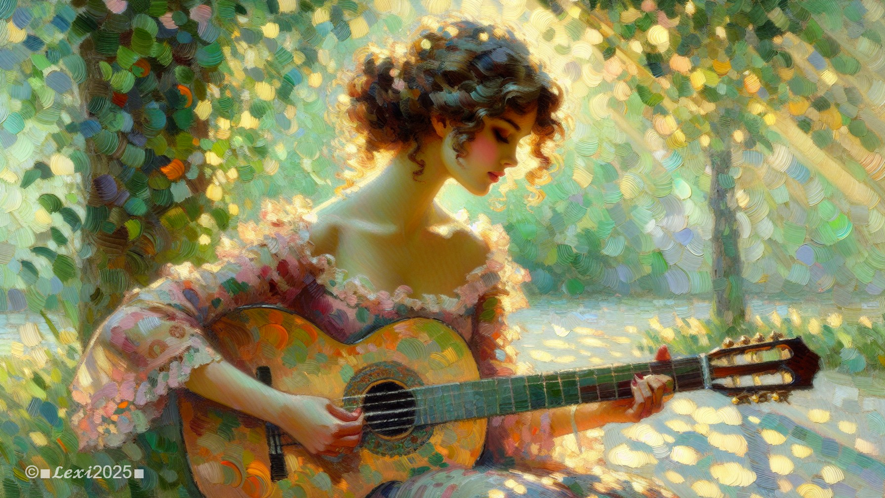 Woman Playing Guitar in Sunlit Greenery