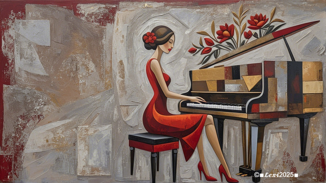 Woman in Red Dress Playing Grand Piano with Flowers