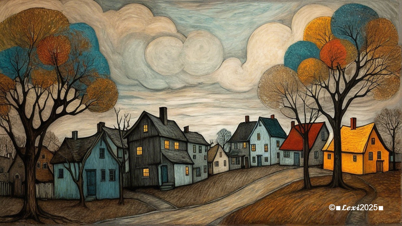 Quaint Village Scene with Stylized Houses and Trees