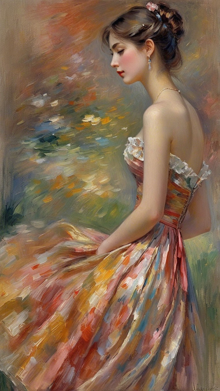 Graceful Woman in Colorful Dress Surrounded by Flowers