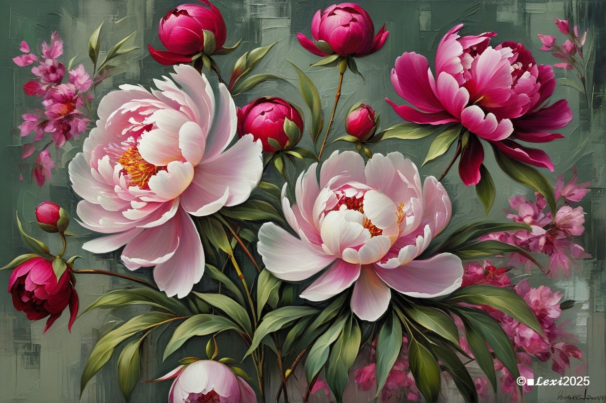 Blooming peonies in pink and magenta with green backdrop