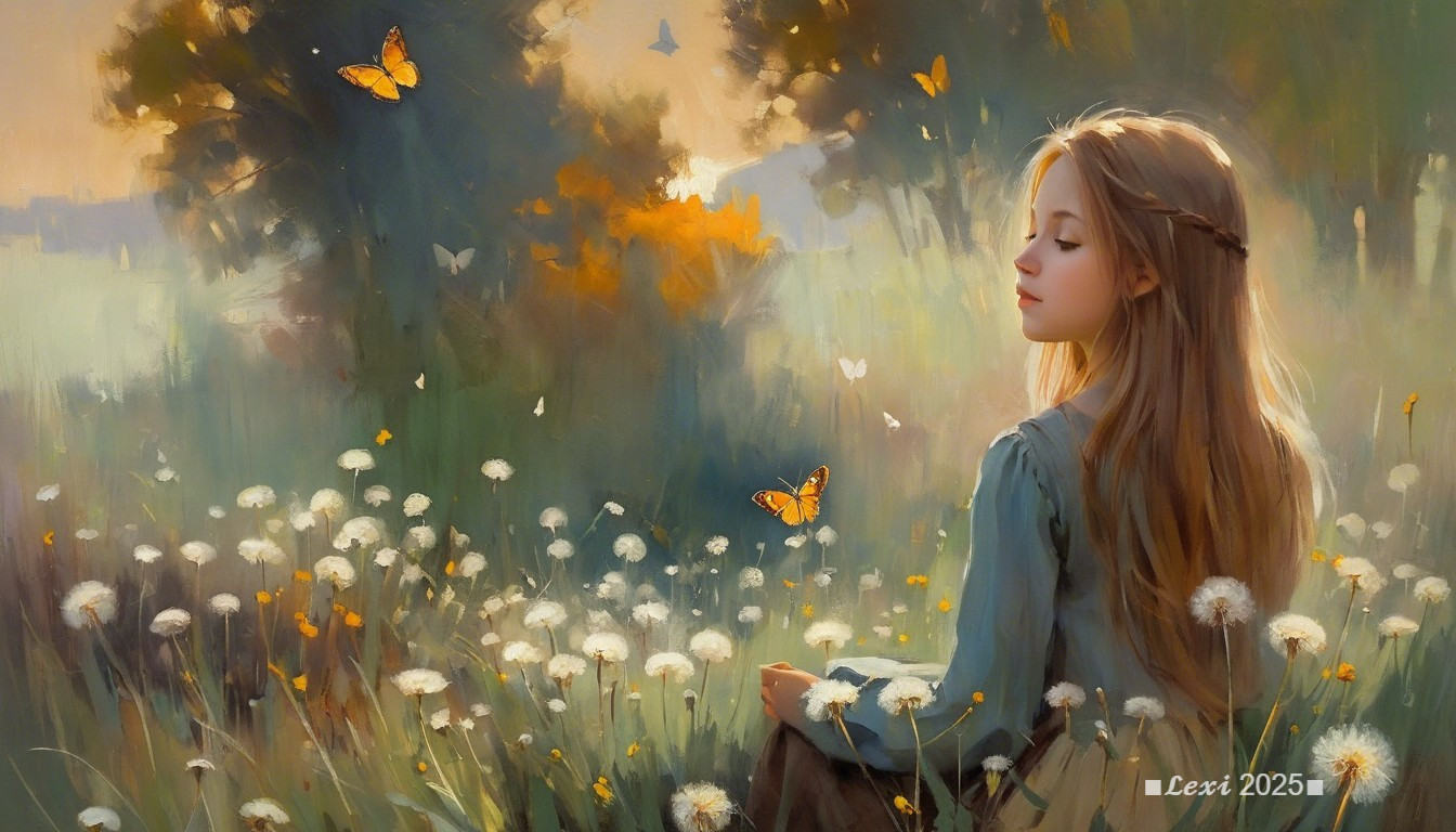 Young girl in dandelion field with butterflies and sunlight