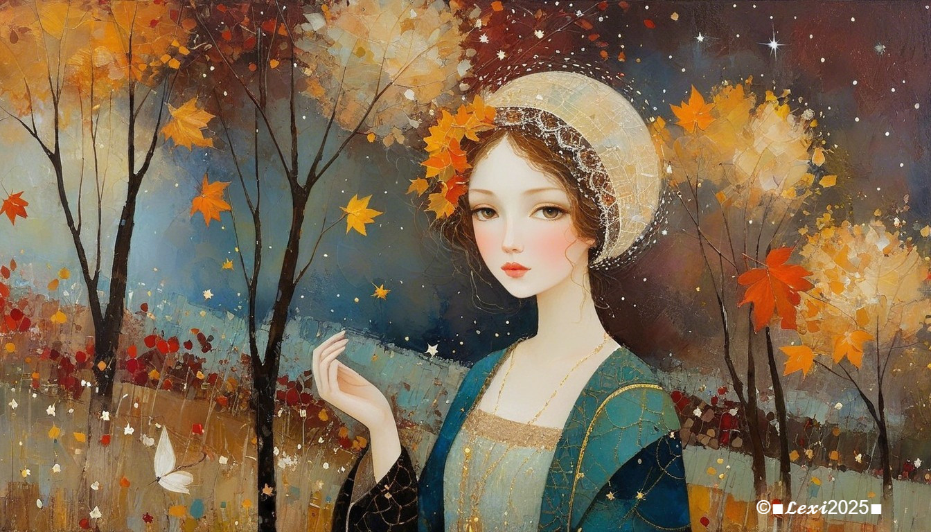 Young Woman in Autumn Landscape with Starry Sky