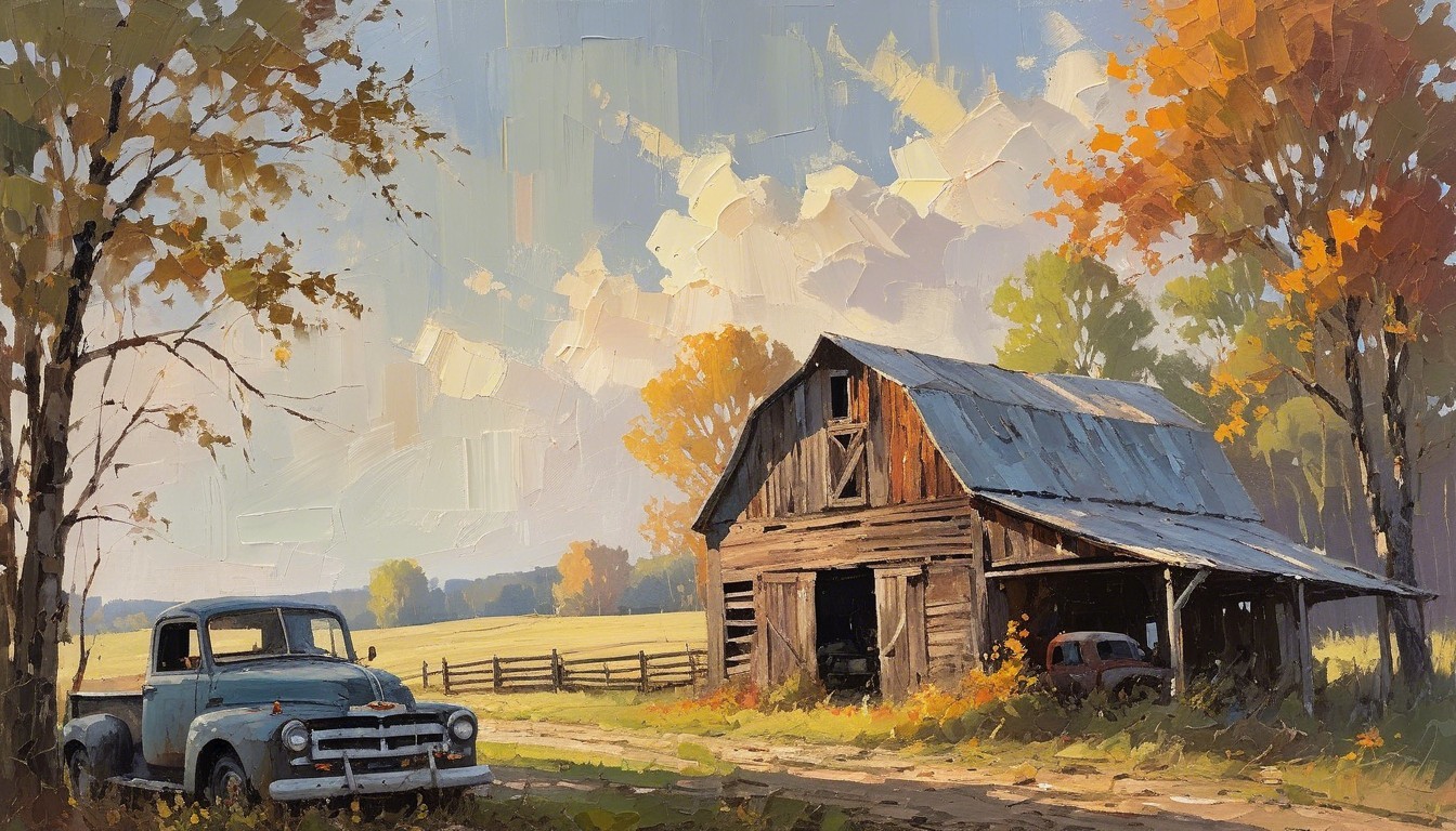Rustic Barn Surrounded by Autumn Trees and Trucks