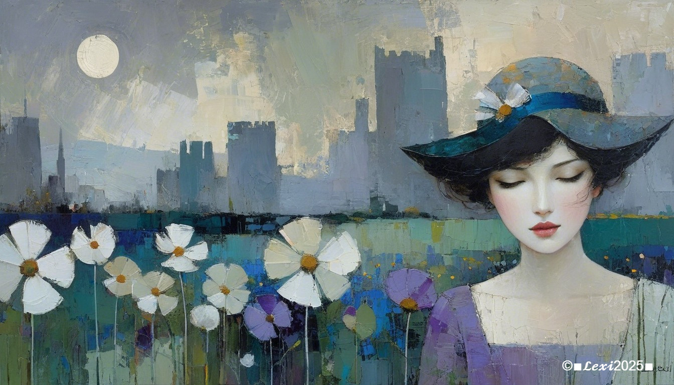 Serene Woman in Hat Surrounded by Vibrant Flowers
