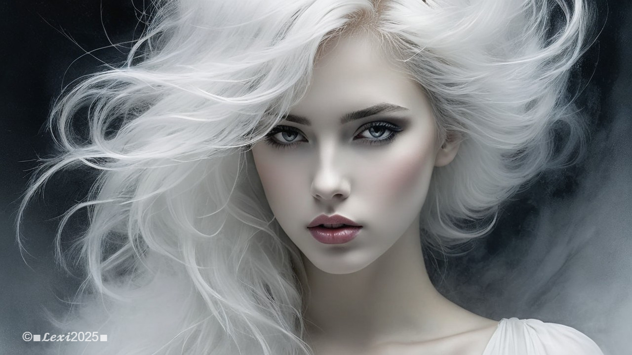Portrait of a woman with white hair and dark eyes