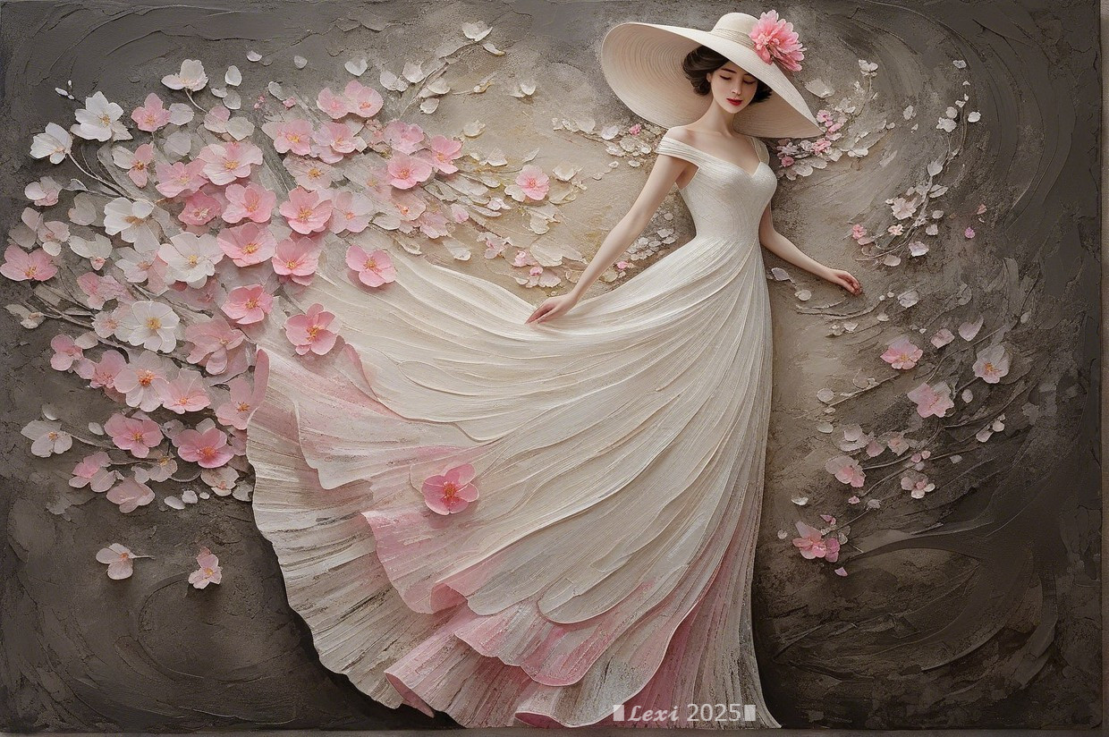 Elegant figure in white gown with cherry blossoms