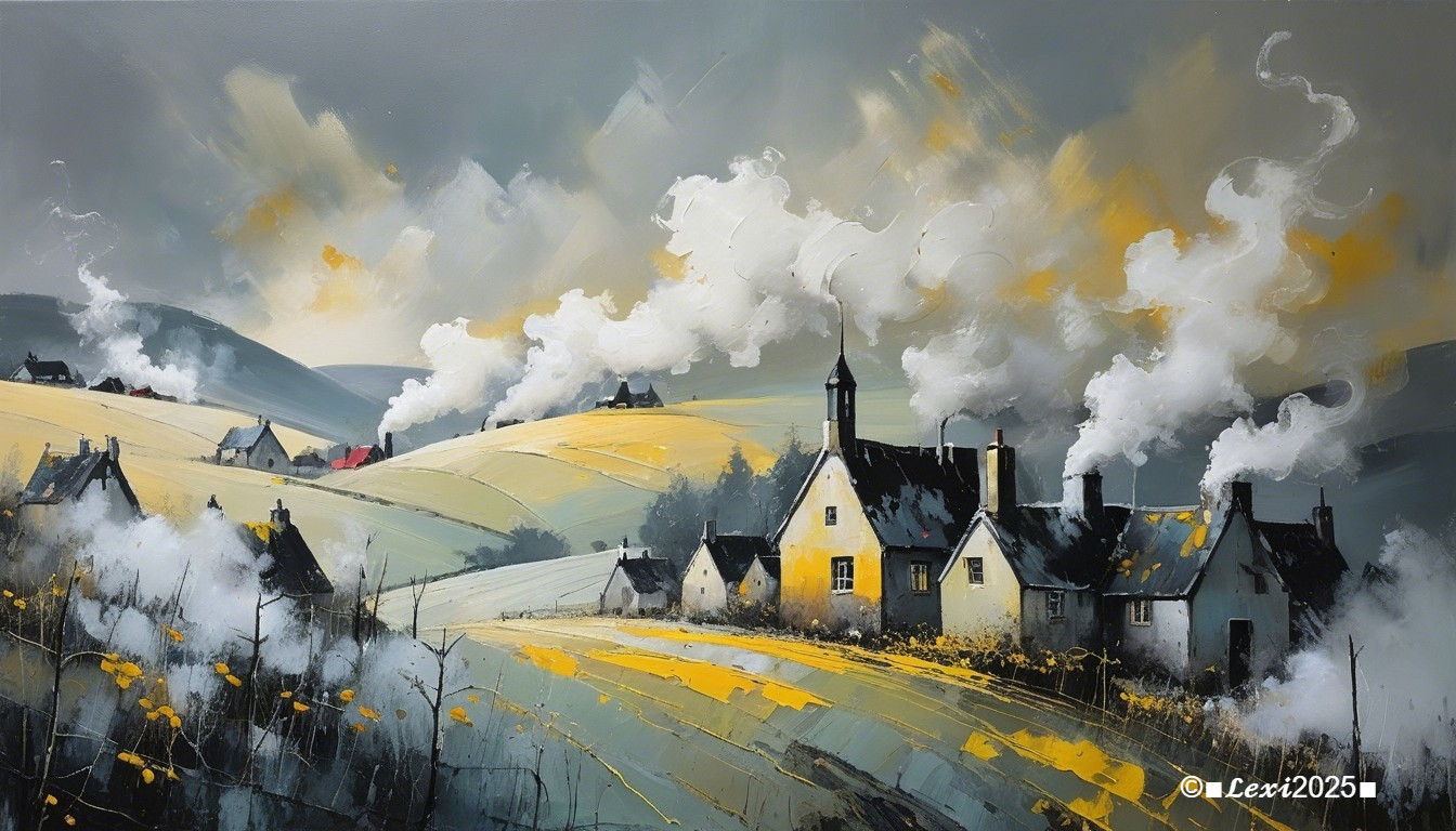 Serene Village Landscape with Rolling Hills and Smoke