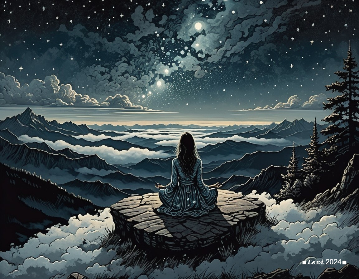 Serene Night Sky with Figure on Rocky Outcrop