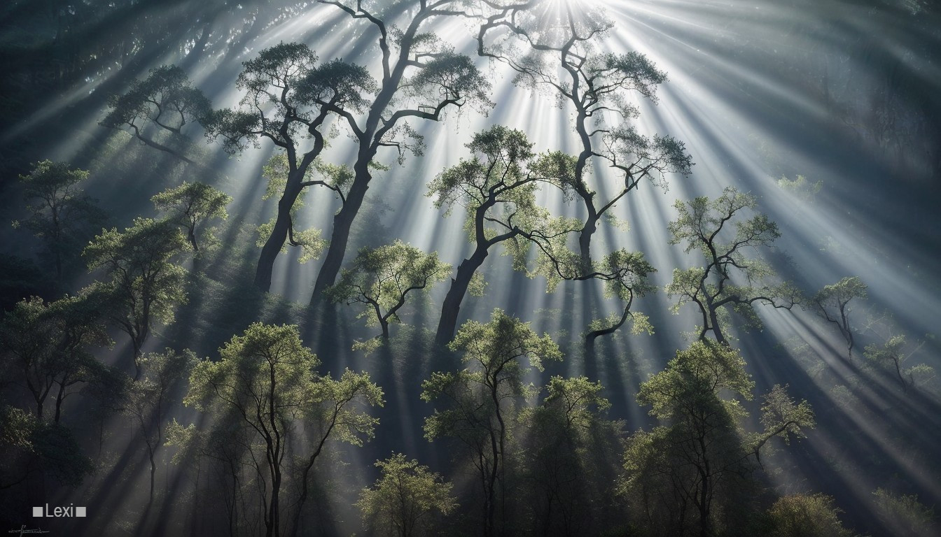 Sunrays Illuminate a Misty Forest Canopy