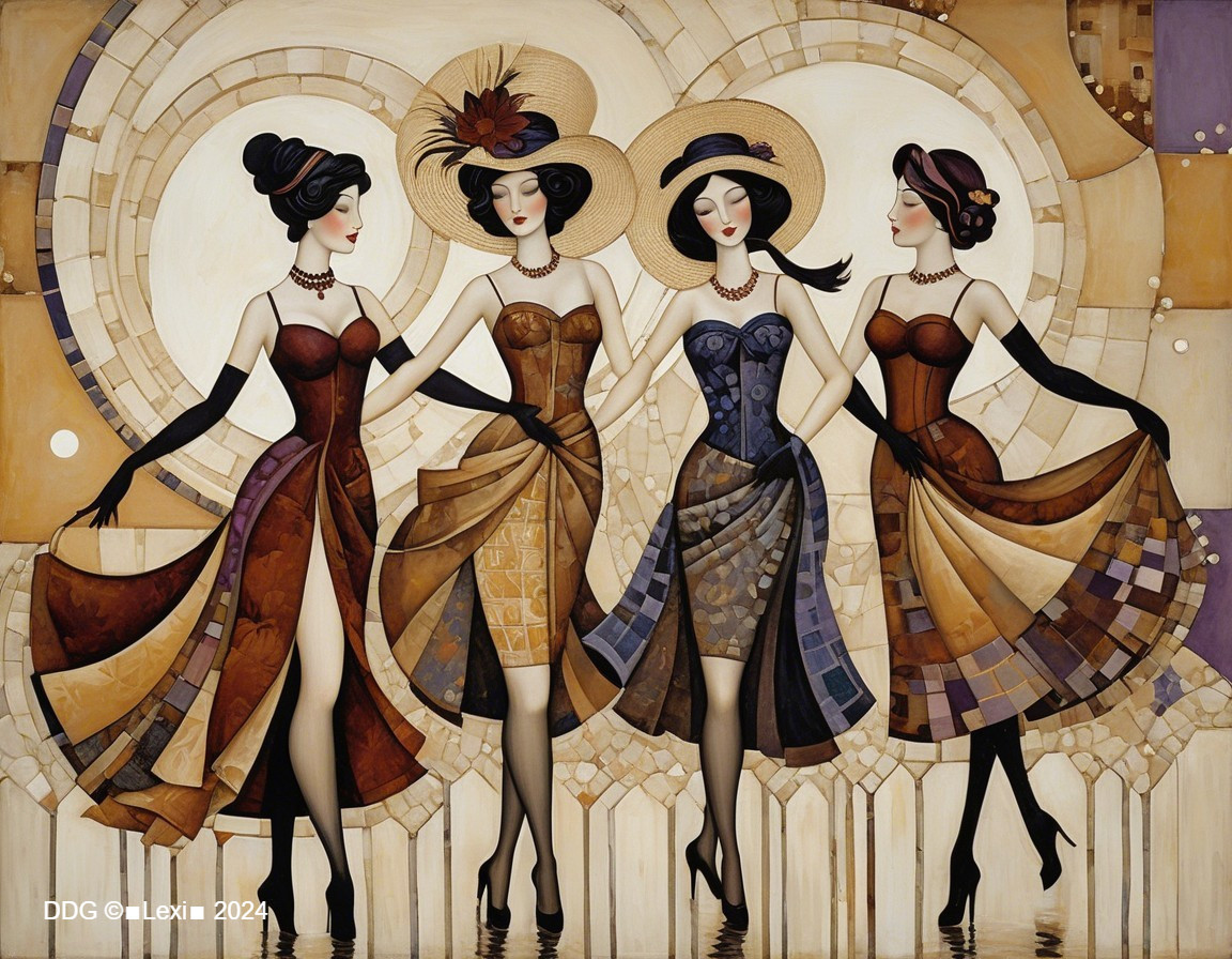 Elegant Women in Stylish Gowns with Art Deco Background
