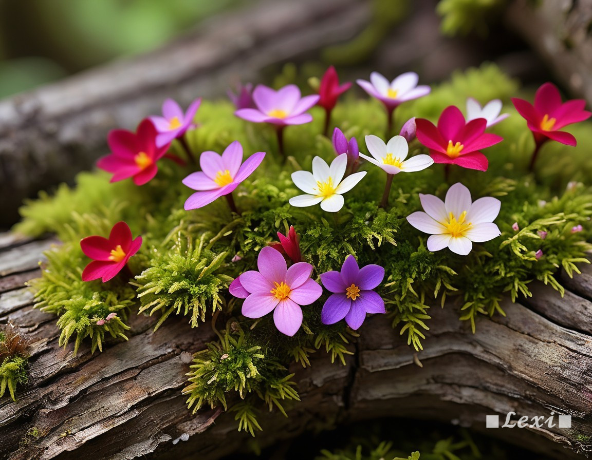 Delicate Flowers Blooming on Moss-Covered Log