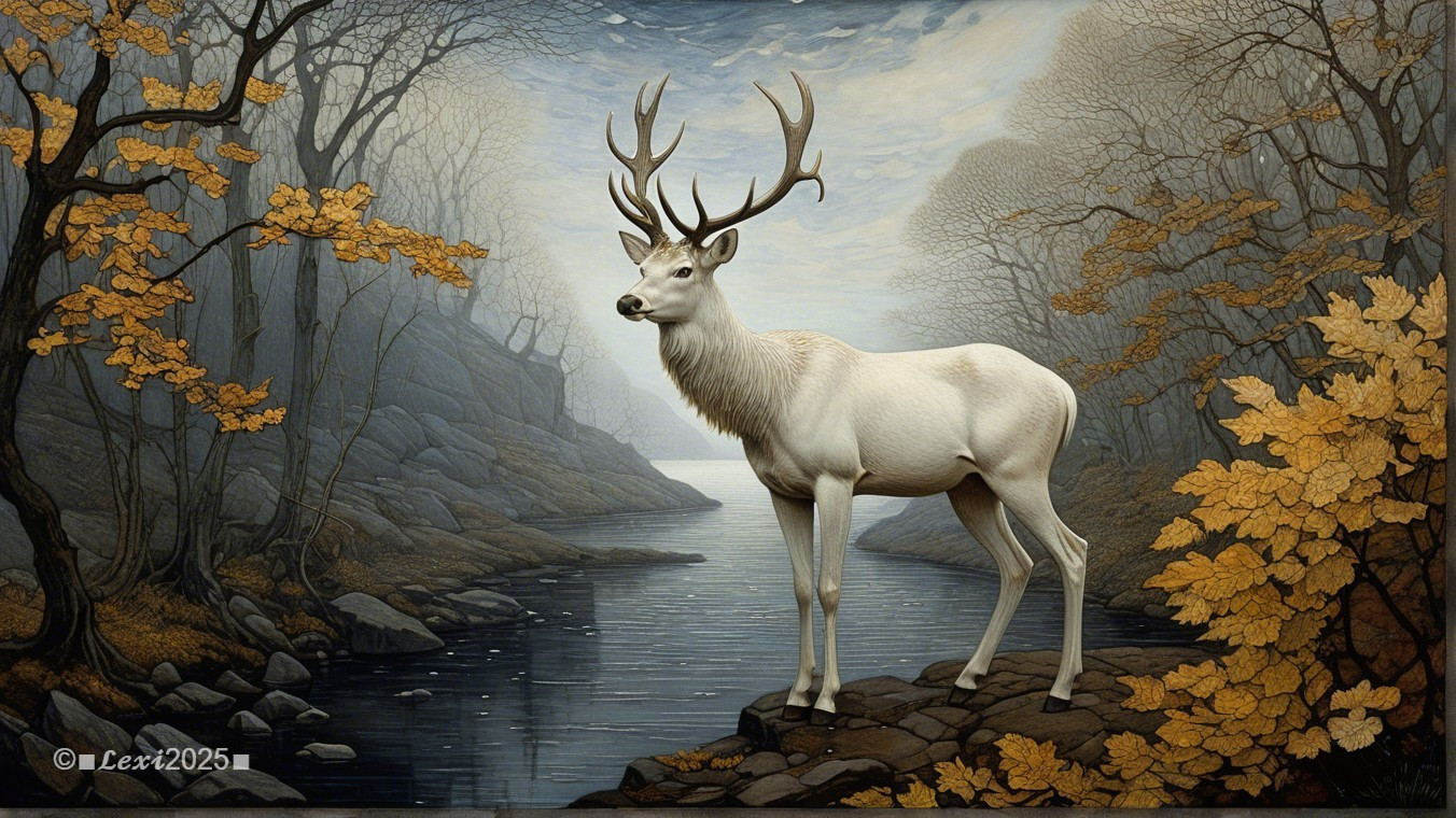 Majestic white stag by tranquil river in serene landscape