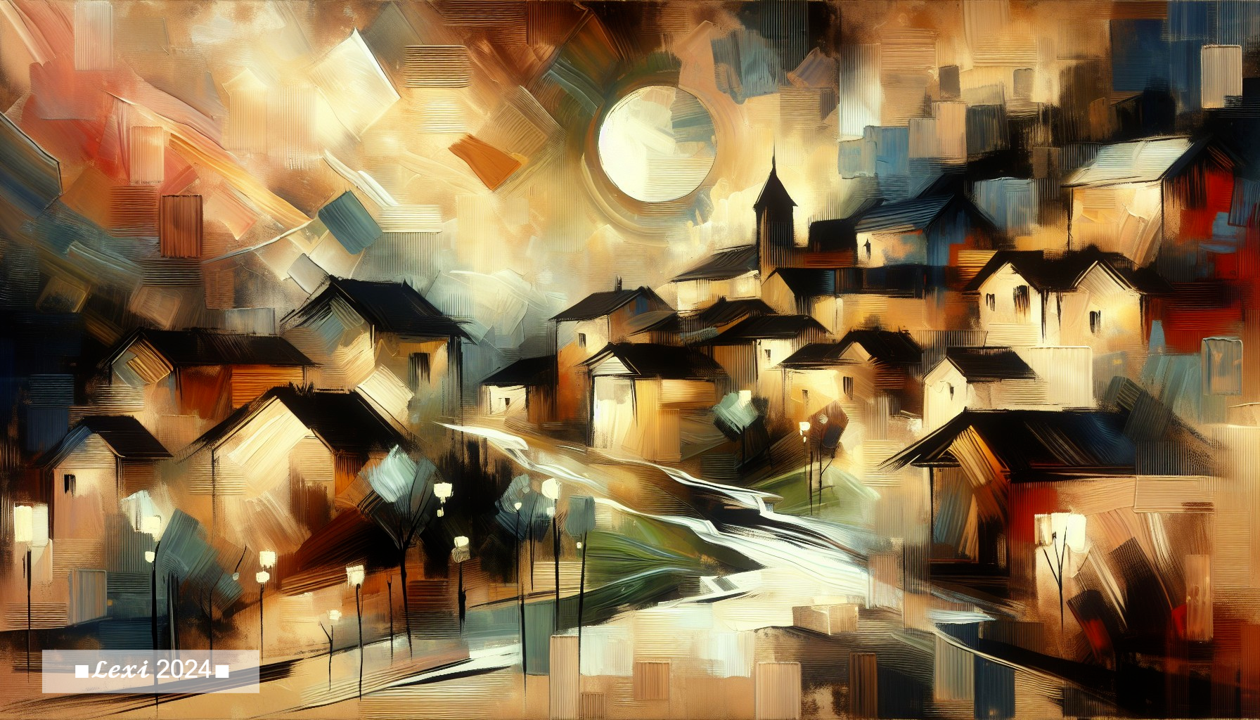 Abstract Landscape of a Village Under a Glowing Moon
