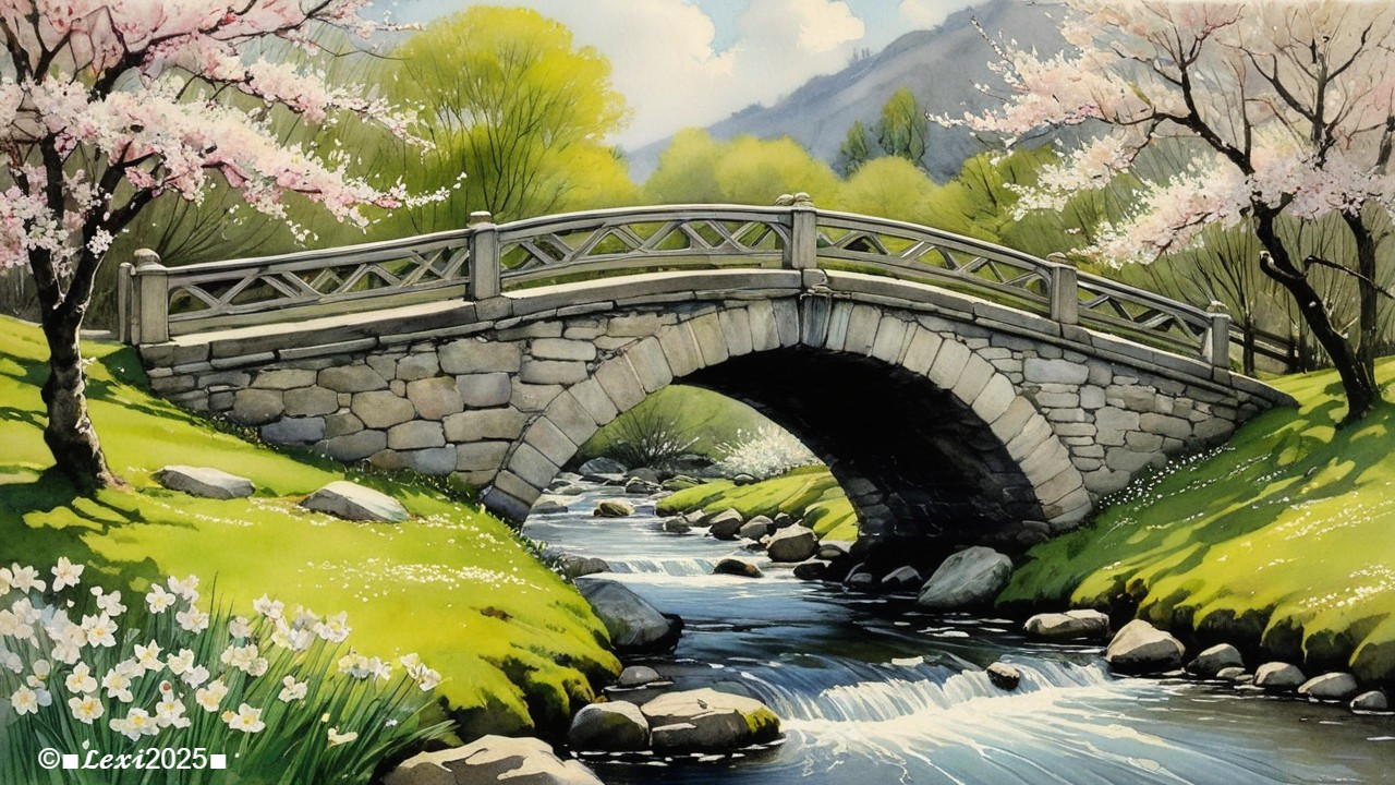 Serene Landscape with Stone Bridge and Cherry Blossoms