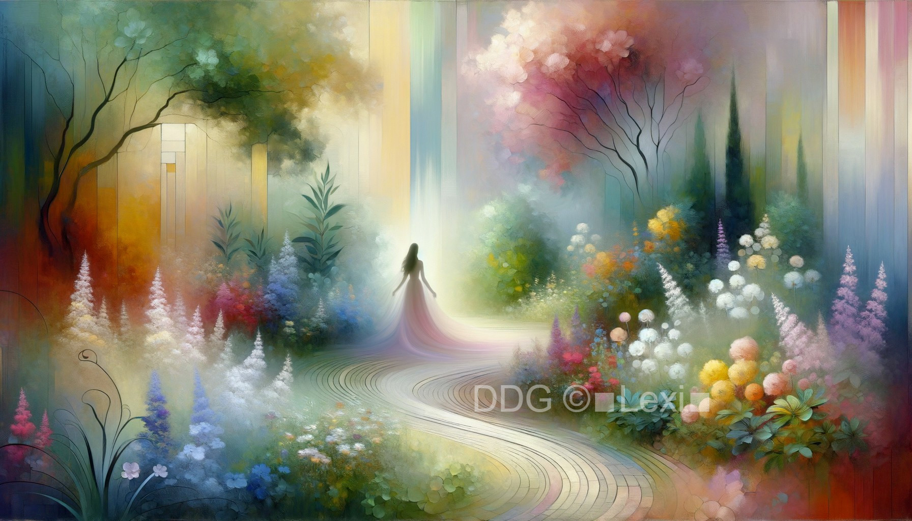 Dreamy Landscape with Colorful Flowers and Lush Greenery