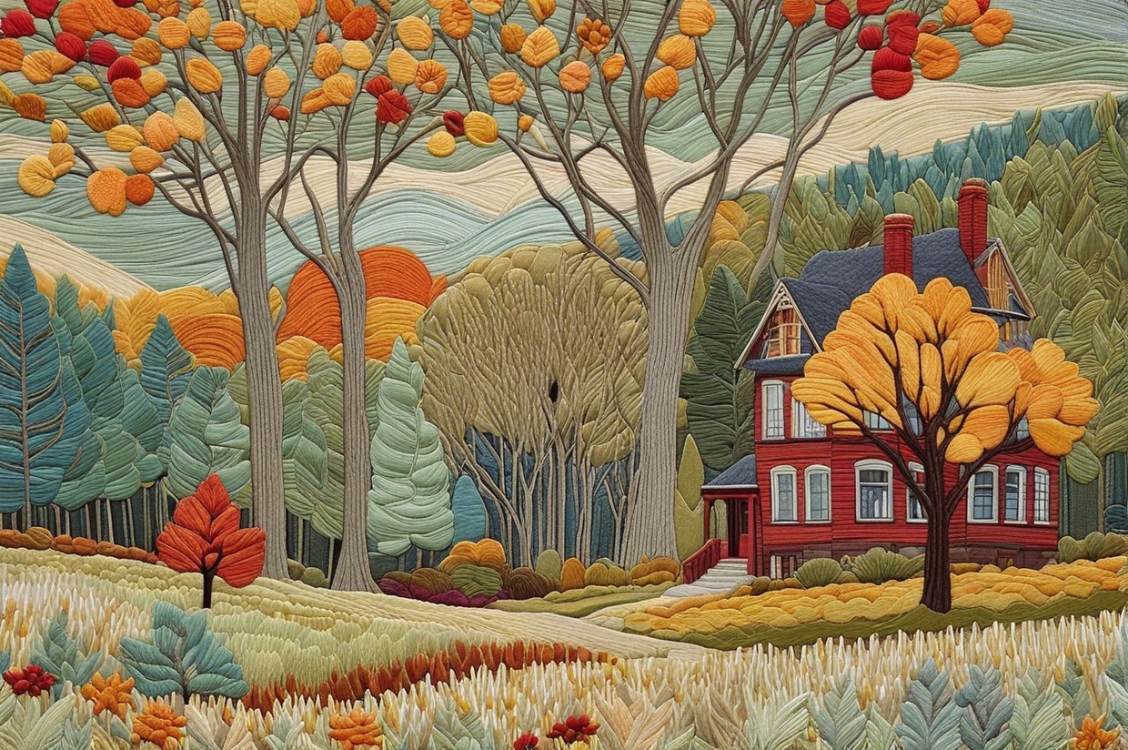 Vibrant Embroidery of Autumn Landscape with House