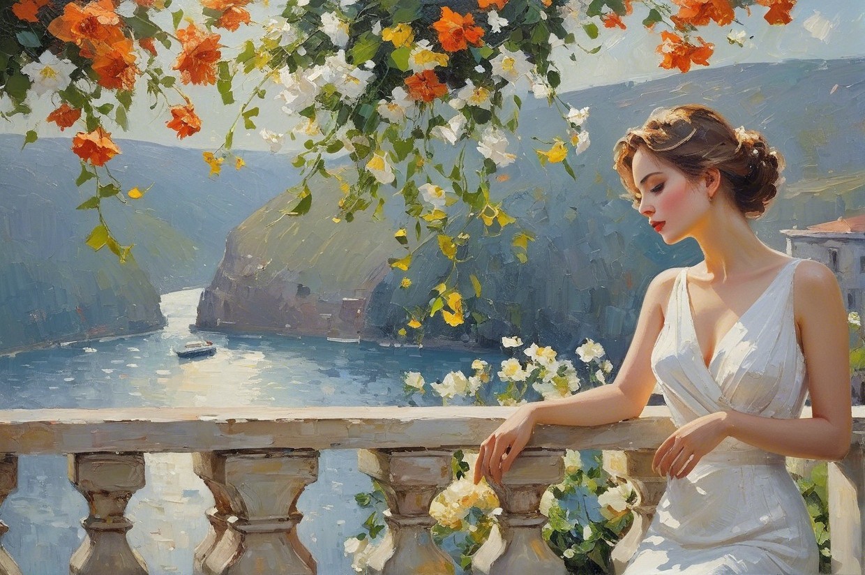 Serene Landscape with a Woman on a Flowered Balcony