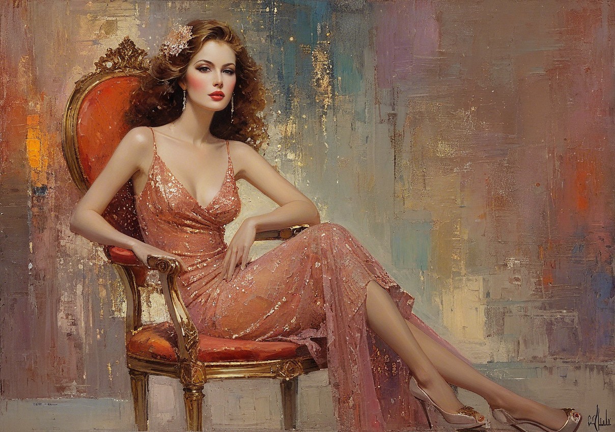 Glamorous Woman in Vintage Chair with Rose-Hued Gown