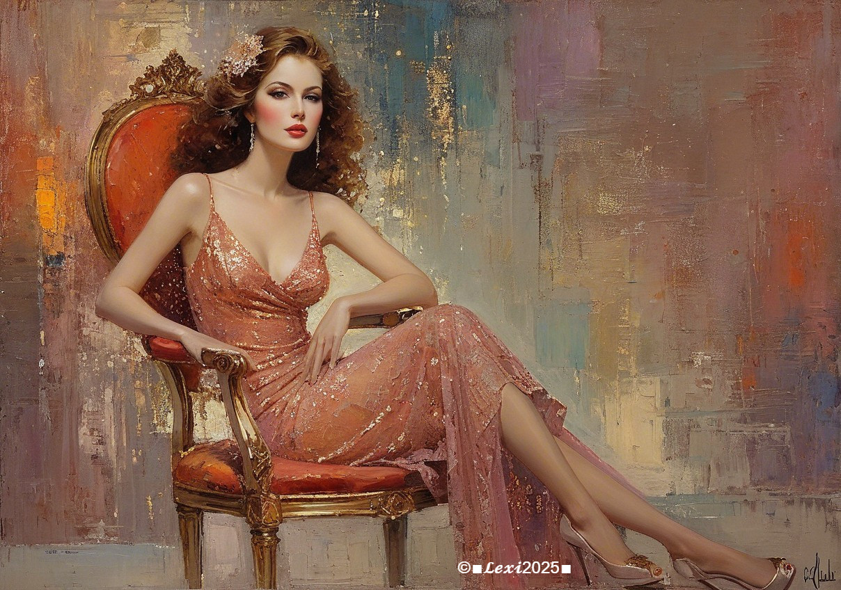 Glamorous Woman in Vintage Chair with Rose-Hued Gown