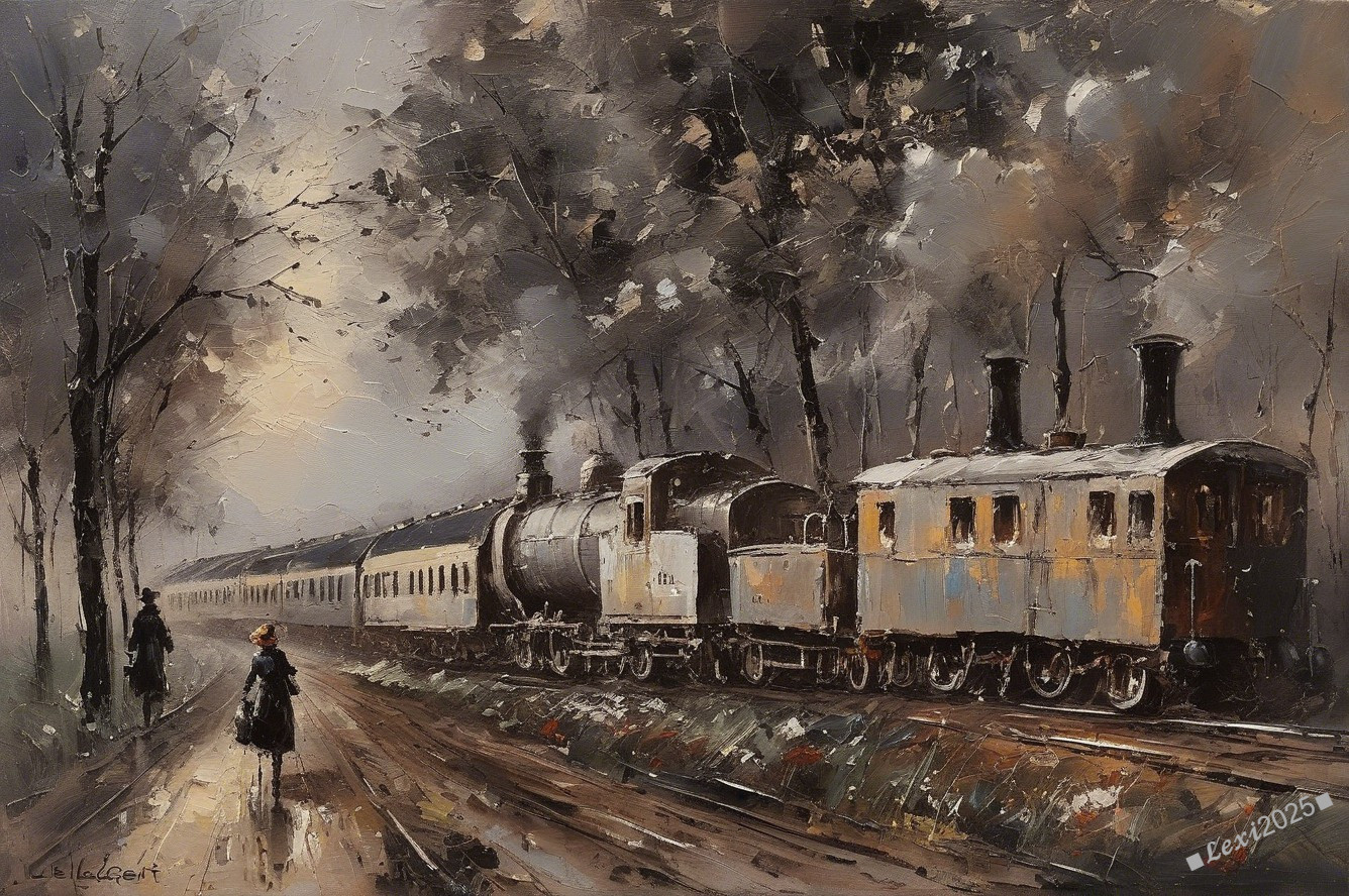 Impressionistic Painting of a Train on a Foggy Day