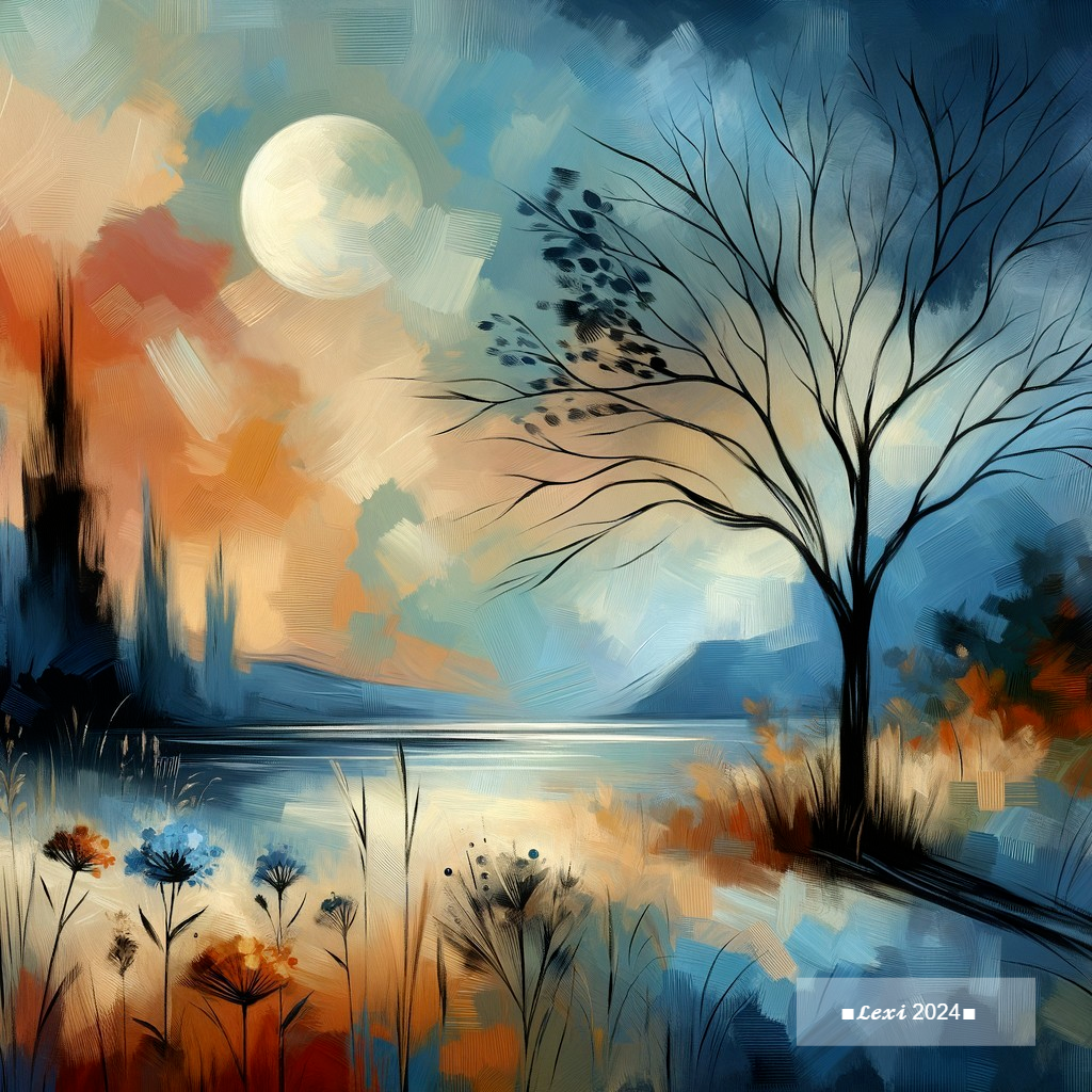 Twilight Landscape with Moonlit Lake and Wildflowers