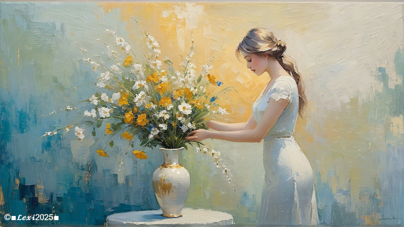 Young Woman Arranging Wildflowers in Golden Vase