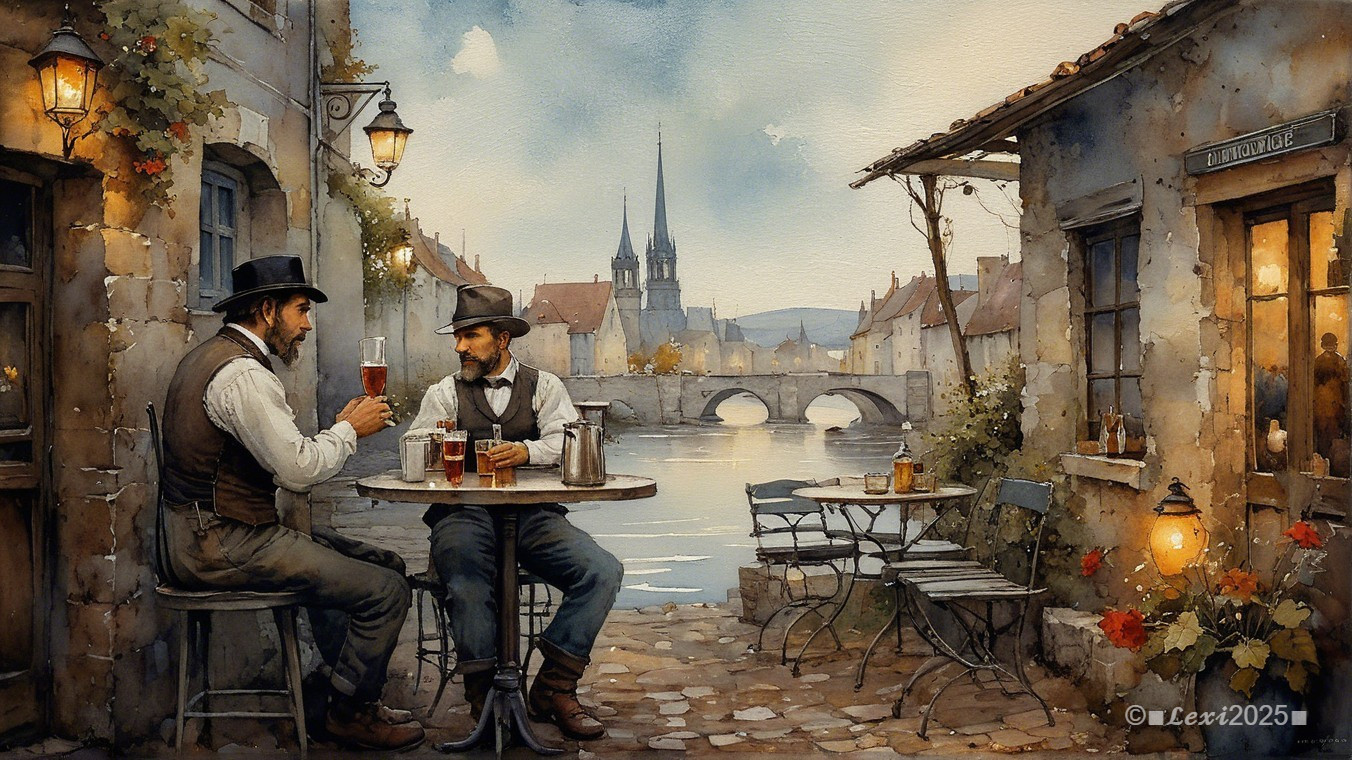 Men at Outdoor Café by Serene River with Scenic View