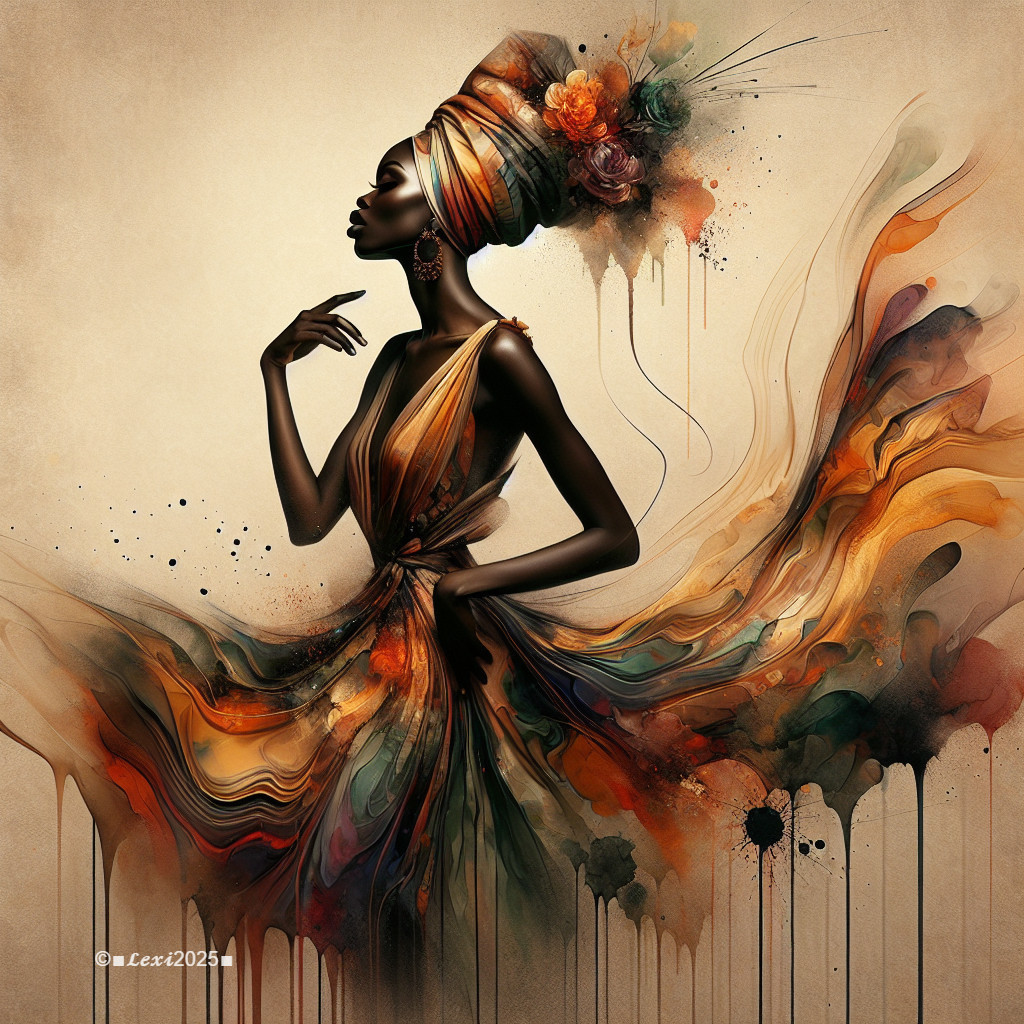 Elegant figure in flowing warm-toned gown and floral headpiece