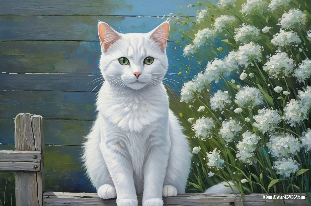 White Cat on Wooden Fence with Flowers and Blue Sky