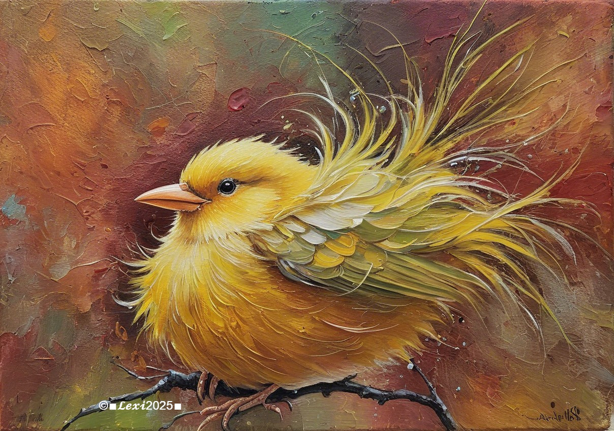 Vibrant Oil Painting of a Yellow Canary on a Branch