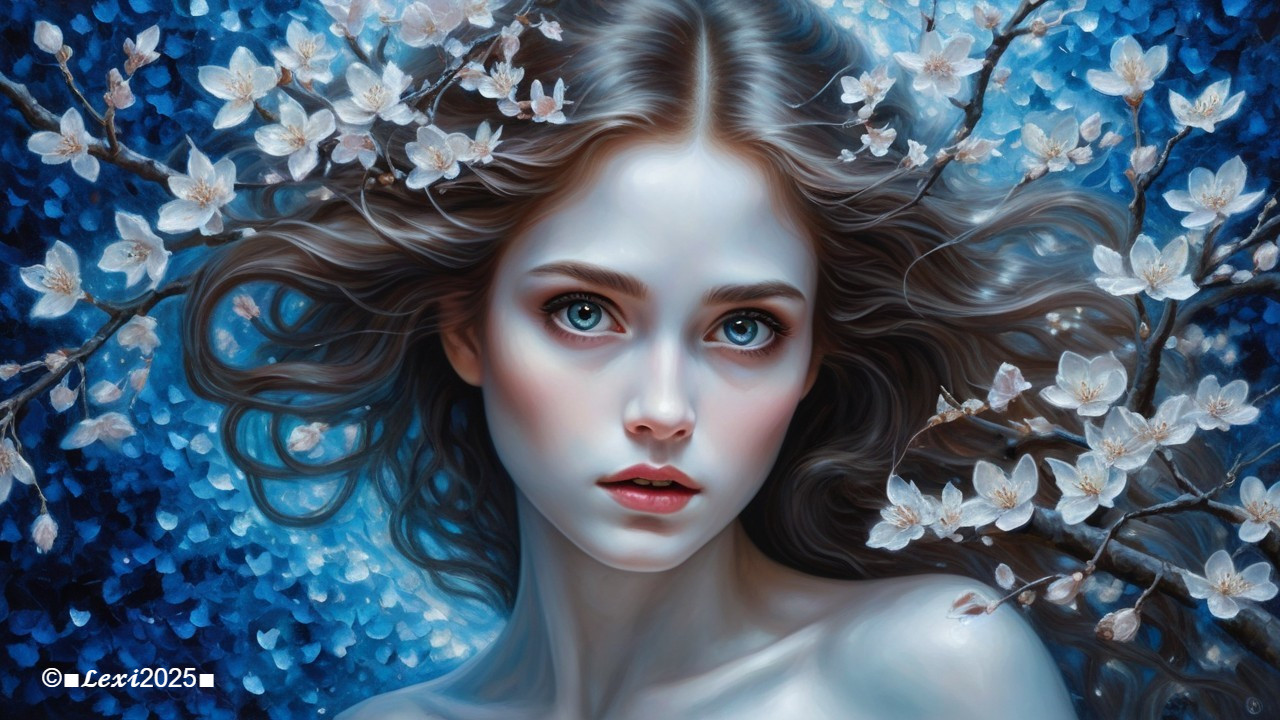Portrait of a Young Woman with Blue Eyes and Blossoms