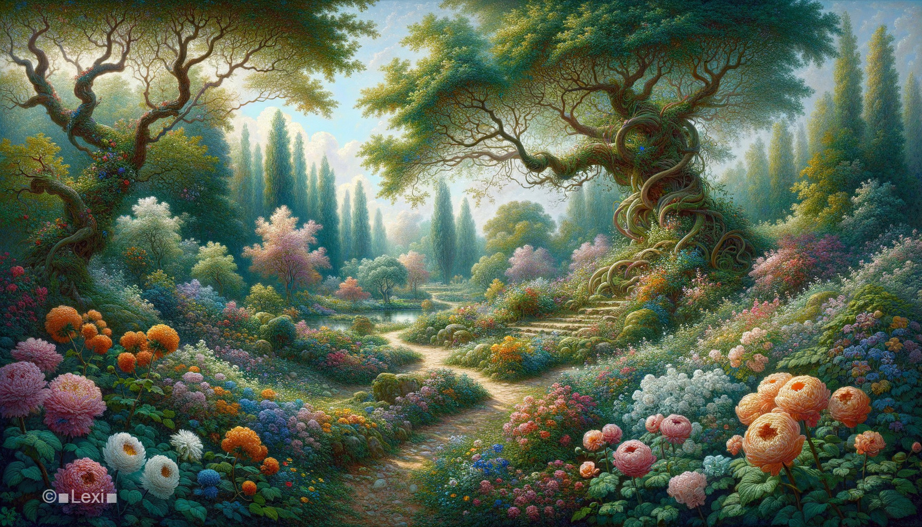 Enchanting Garden with Vibrant Flowers and Pond