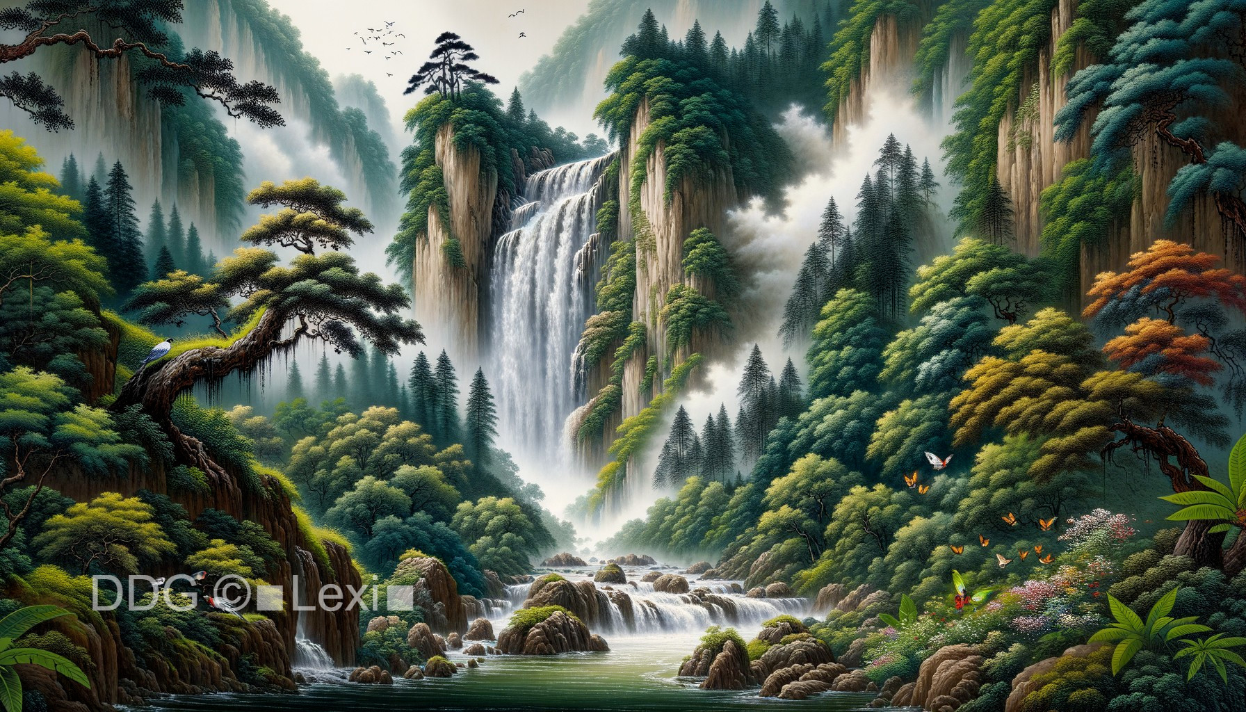 Majestic Waterfall in Lush Green Forest Landscape