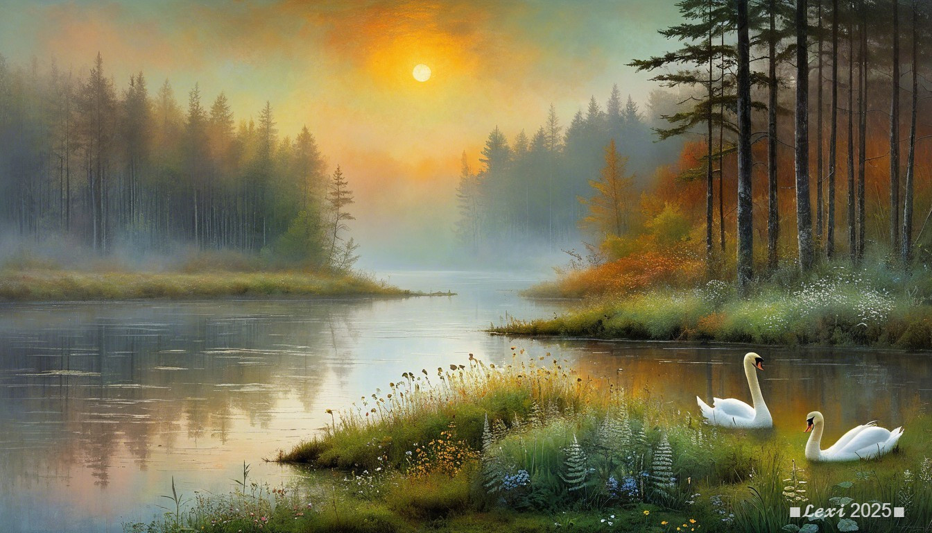 Dawn Landscape with Swans and Misty Lake