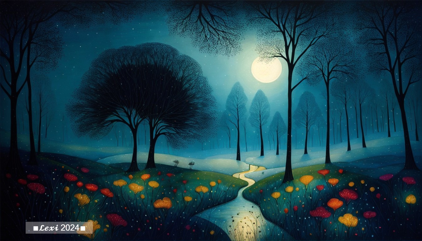 Glowing Moon Over Tranquil Landscape at Night