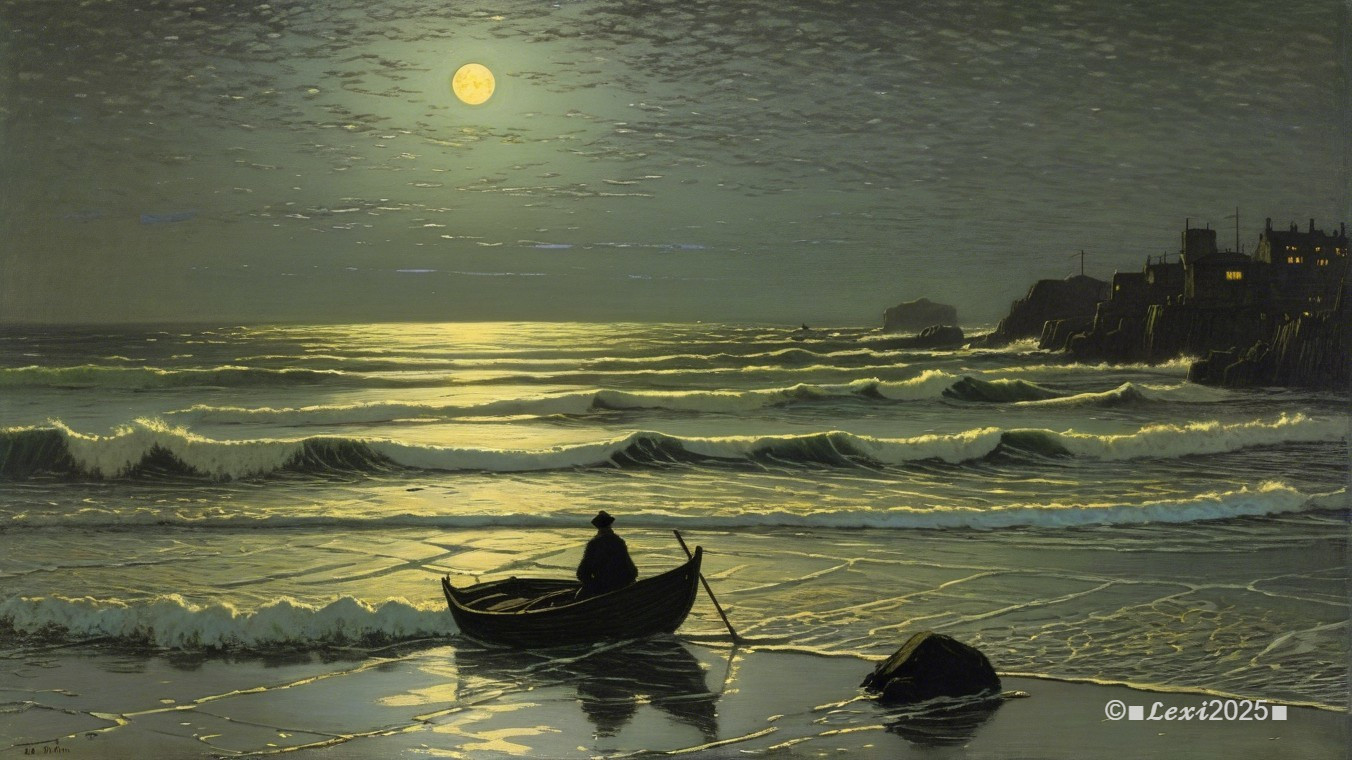 Moonlit Coastline with Solitary Boat and Clouds