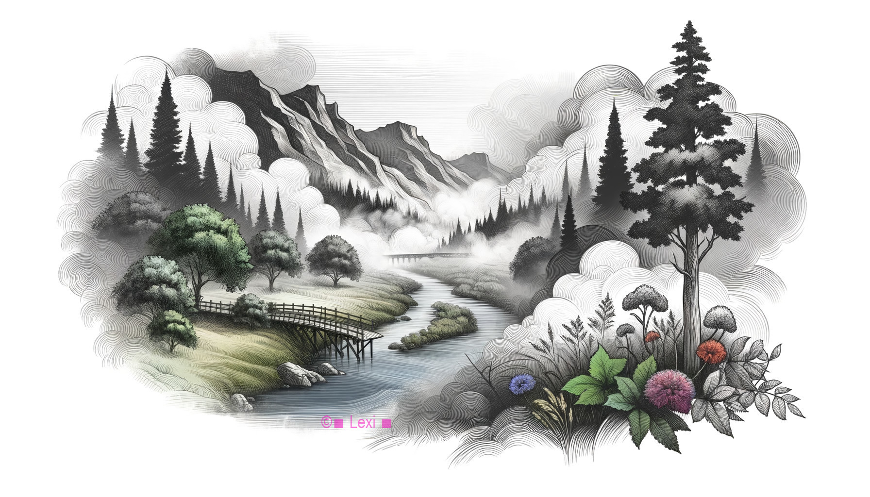 Serene Landscape with Mountains, River, and Bridge