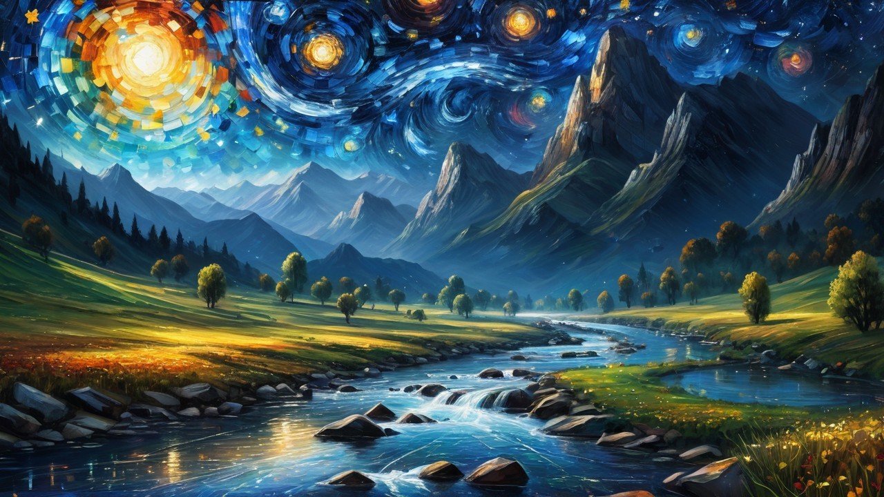 Impressionist Landscape with Stars and Radiant Sun