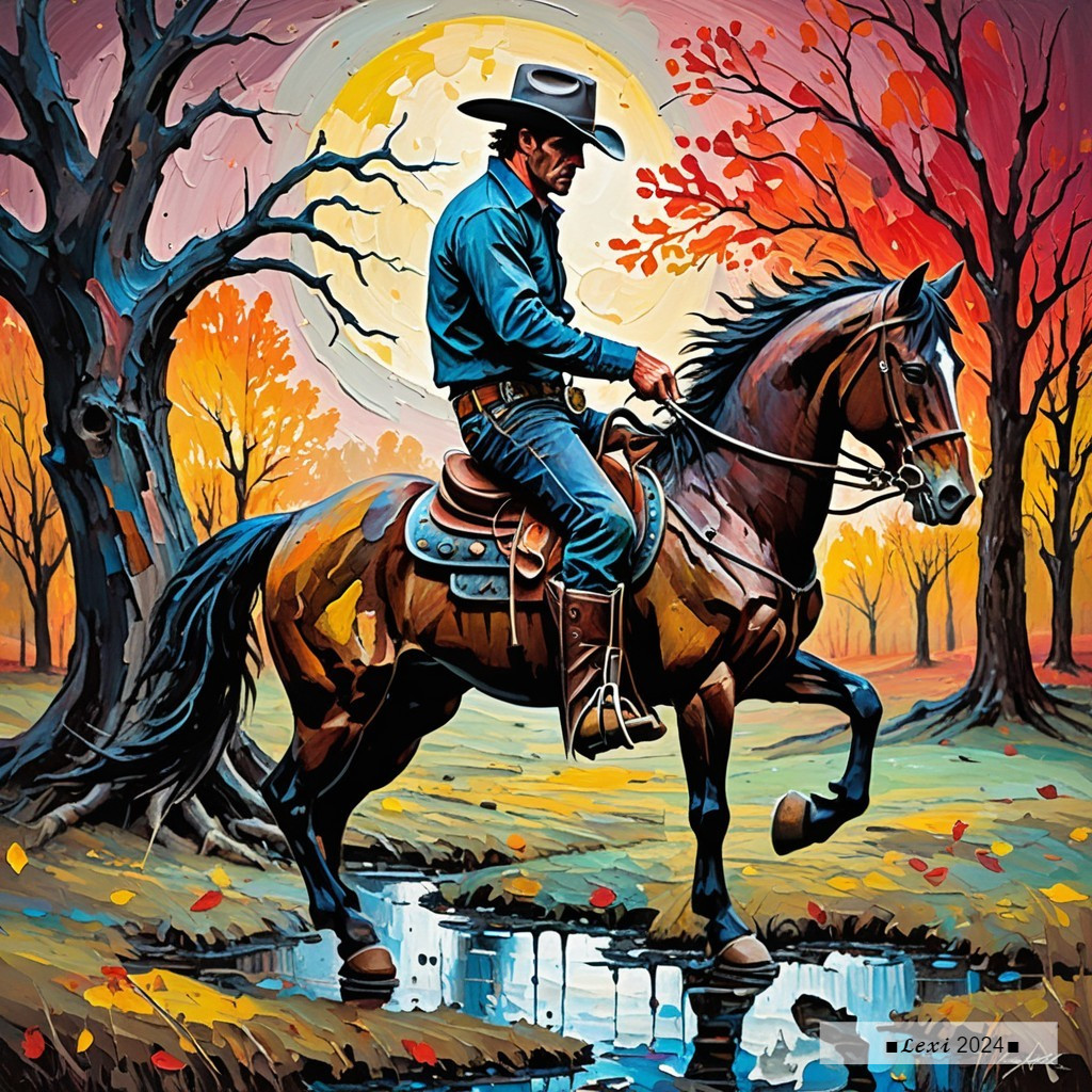Cowboy Riding Horse in Vibrant Autumn Landscape