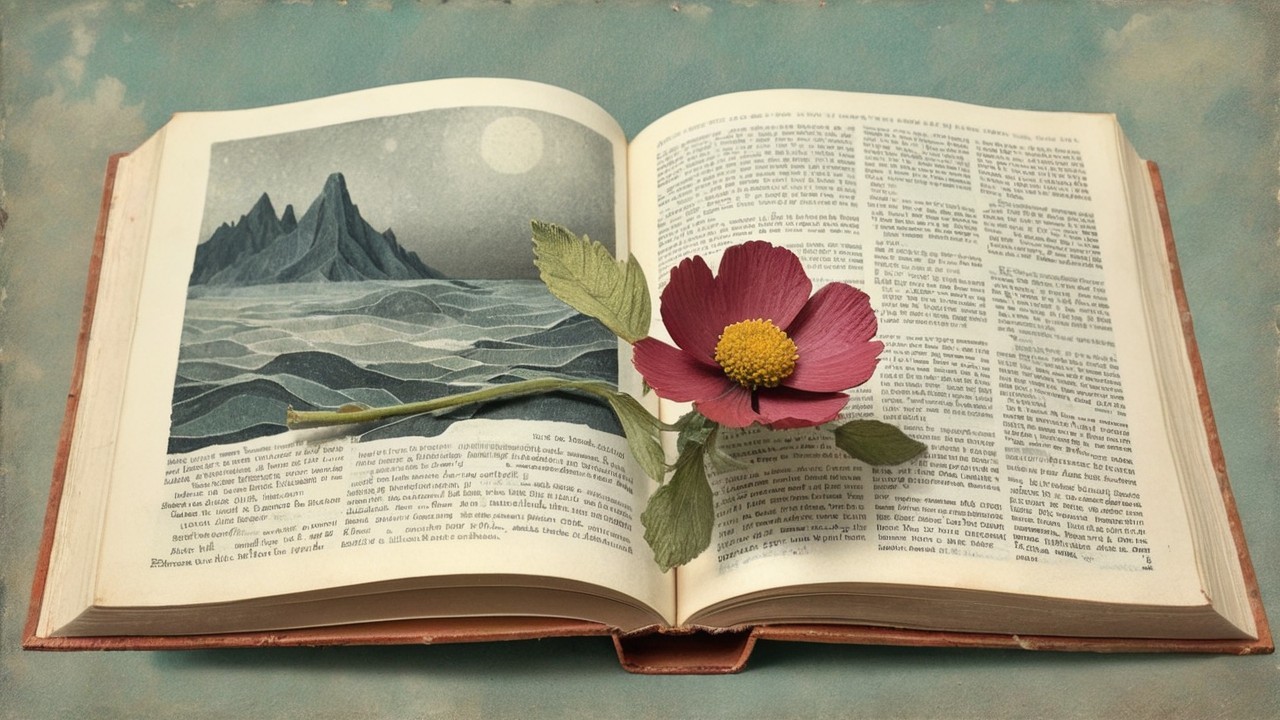 Open book with mountain illustration and pink flower