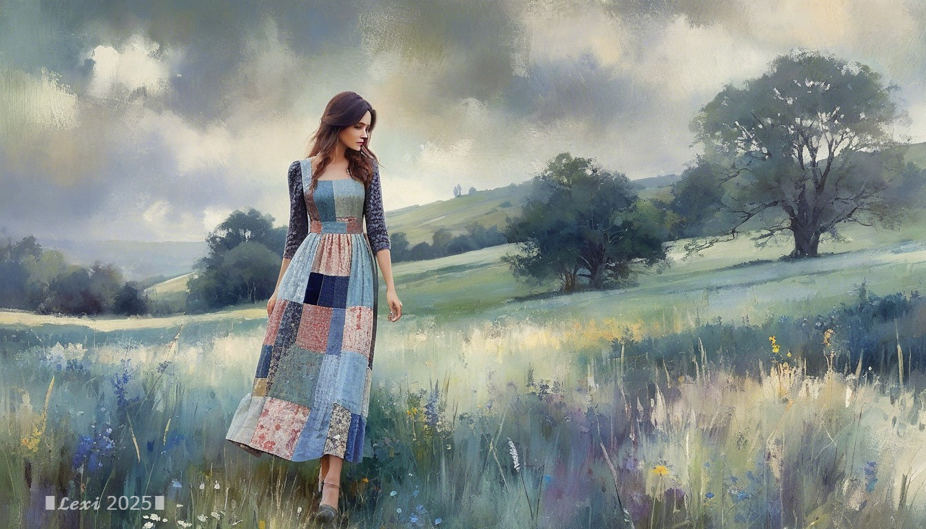 Young woman in a meadow with wildflowers and hills