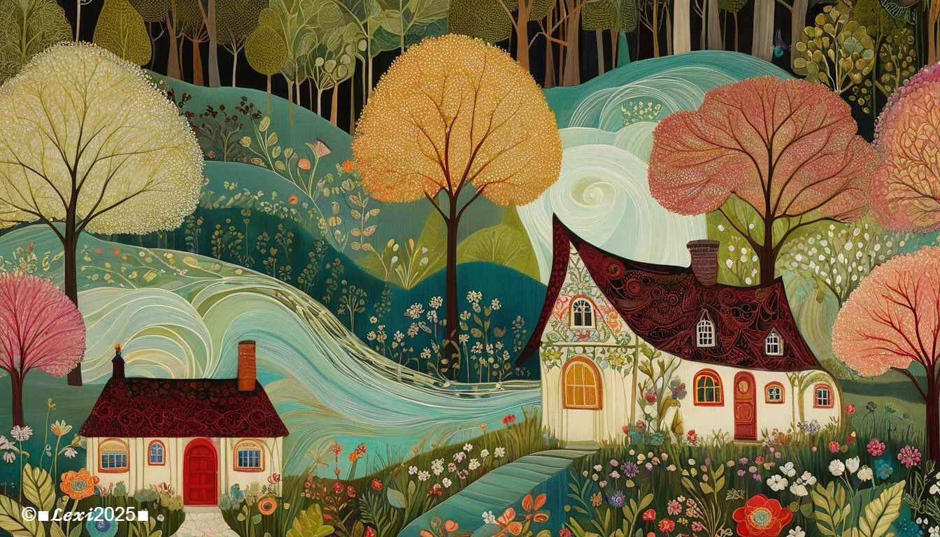 Whimsical Landscape with Cottages and Vibrant Hills