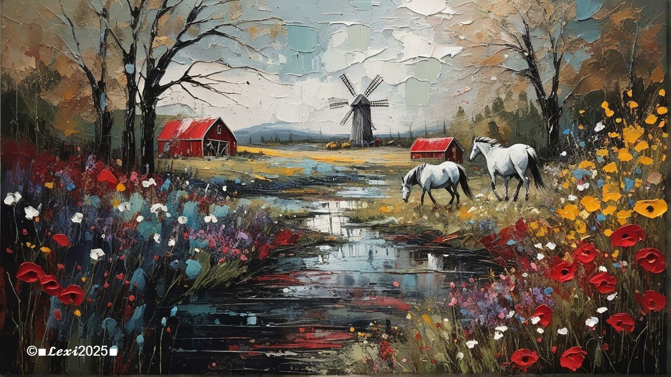Vibrant Landscape with Horses, Barn, and Windmill