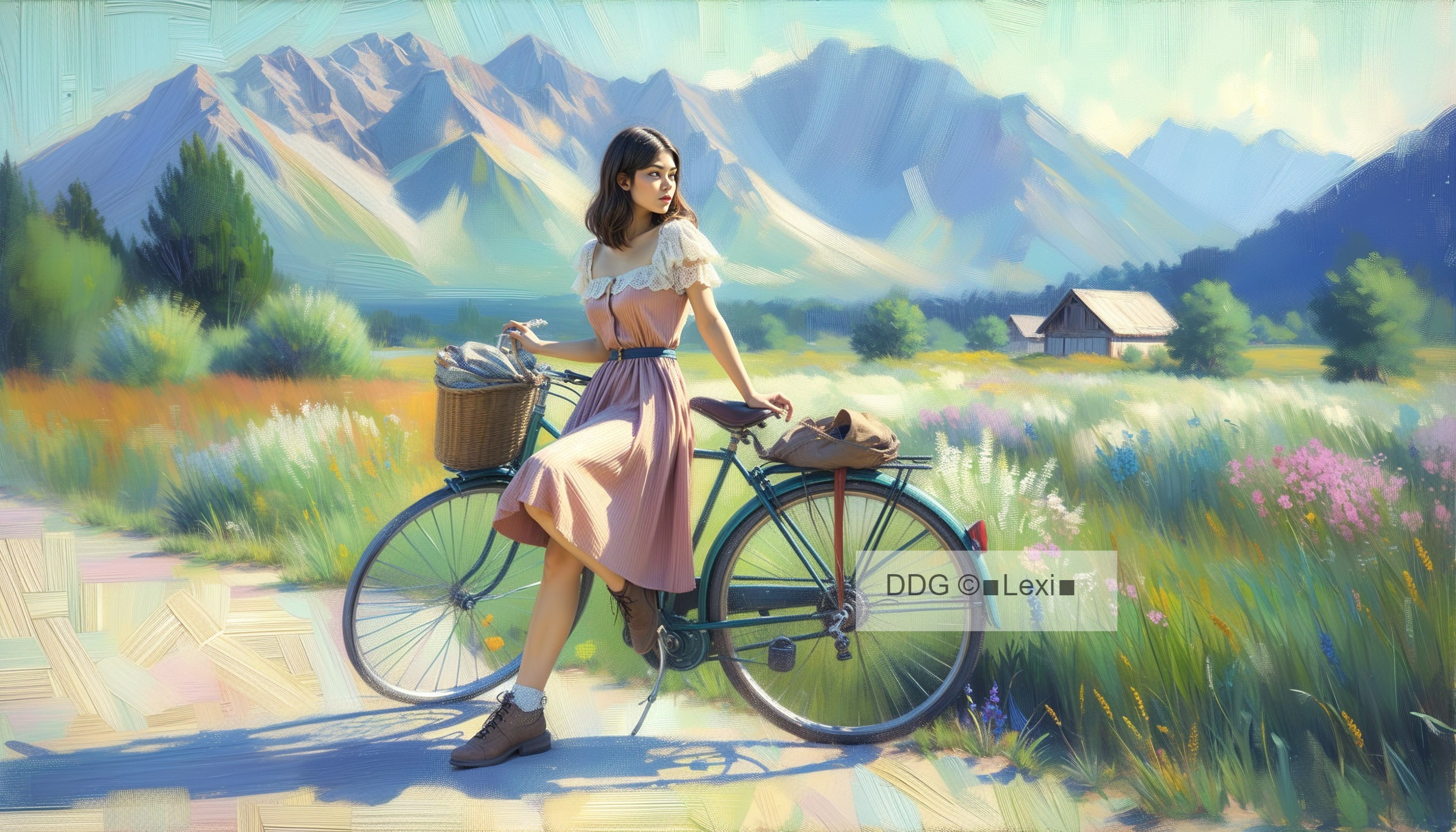 Young Woman on Bicycle Surrounded by Wildflowers