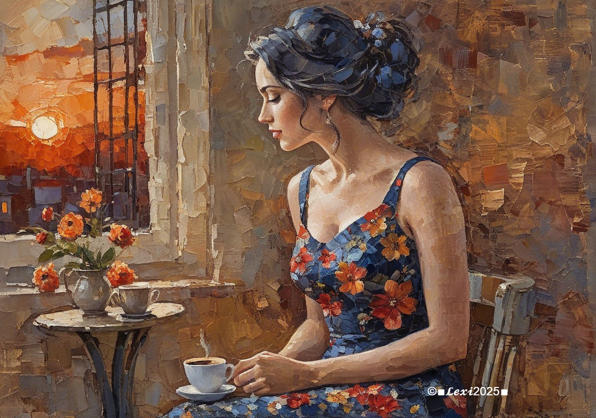 Serene Woman in Floral Dress by Window at Sunset