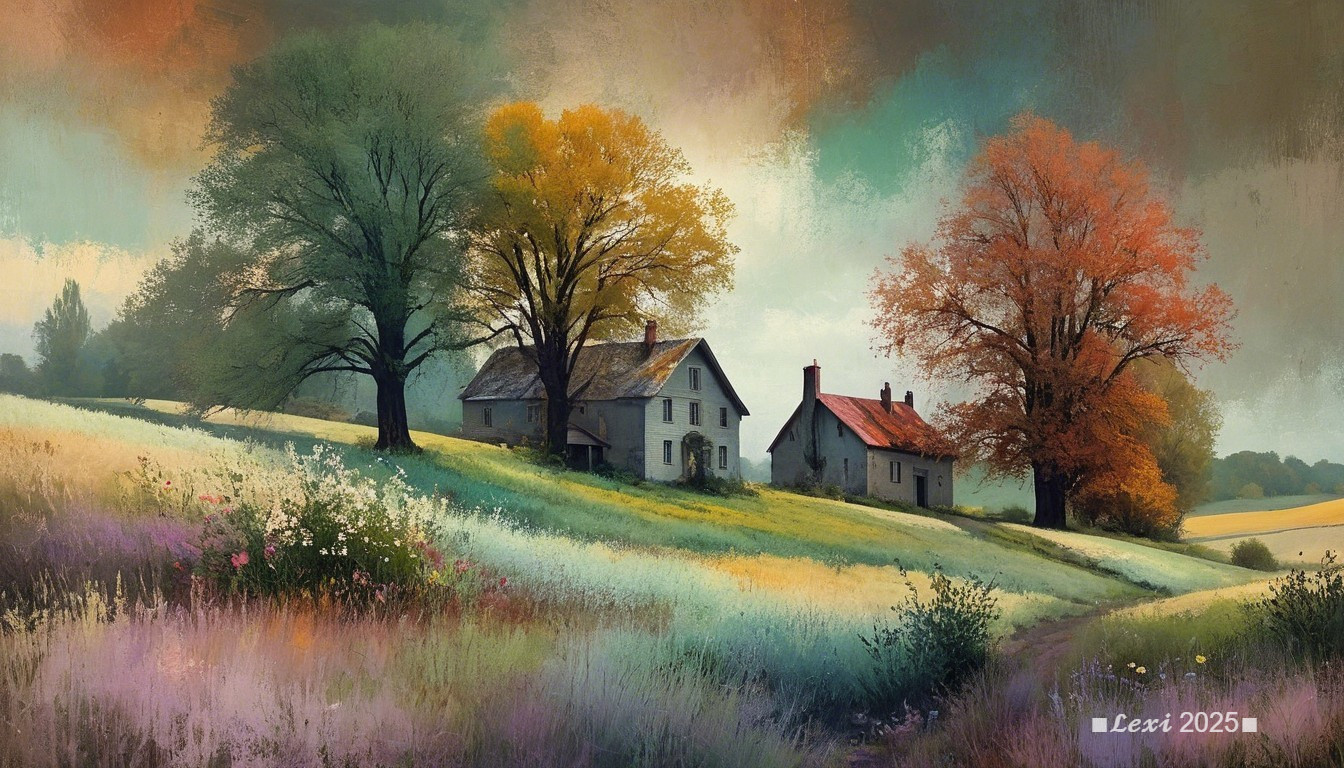 Countryside Scene with Autumn Colors and Houses
