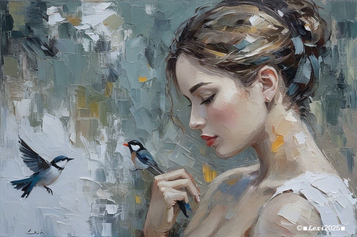 Serene Painting of a Woman with Birds in Nature